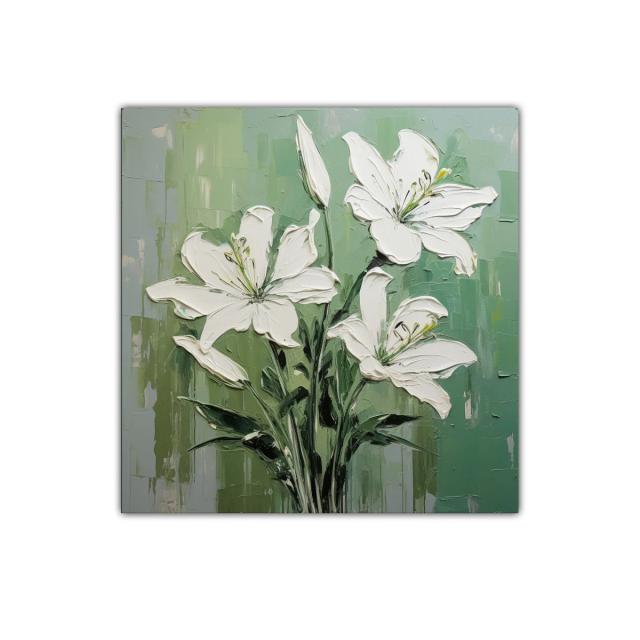 Cuadro con lirios blancos sobre fondo verde degradado