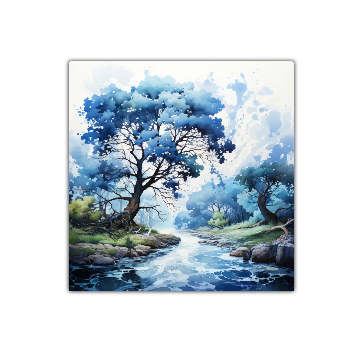 Paisaje sereno con árboles azules junto a río calmado