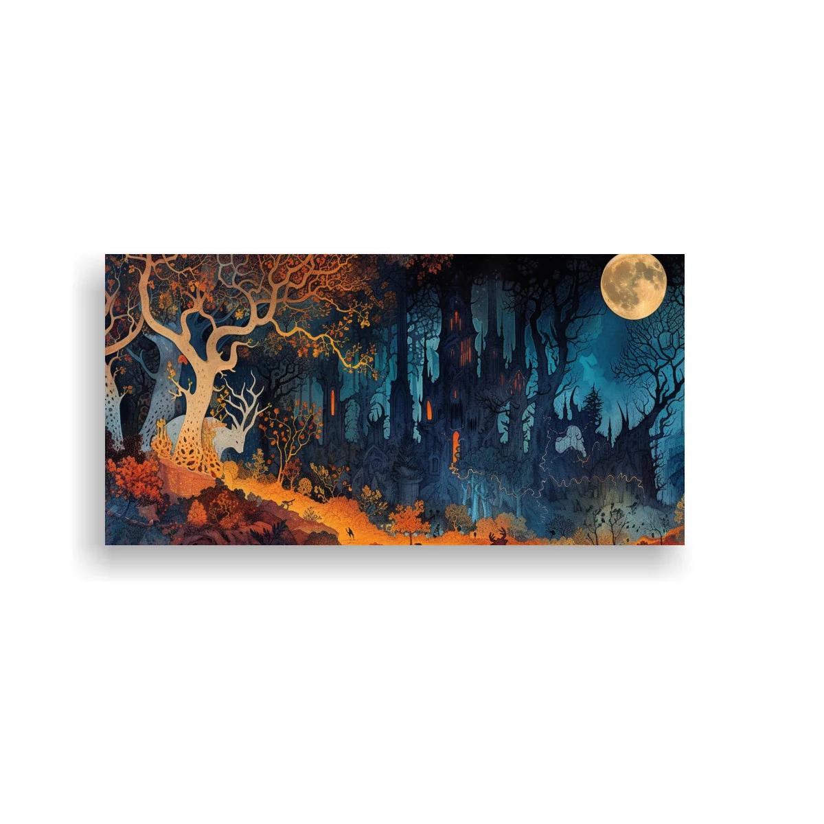Cuadro bosque nocturno con ciervo y luna llena