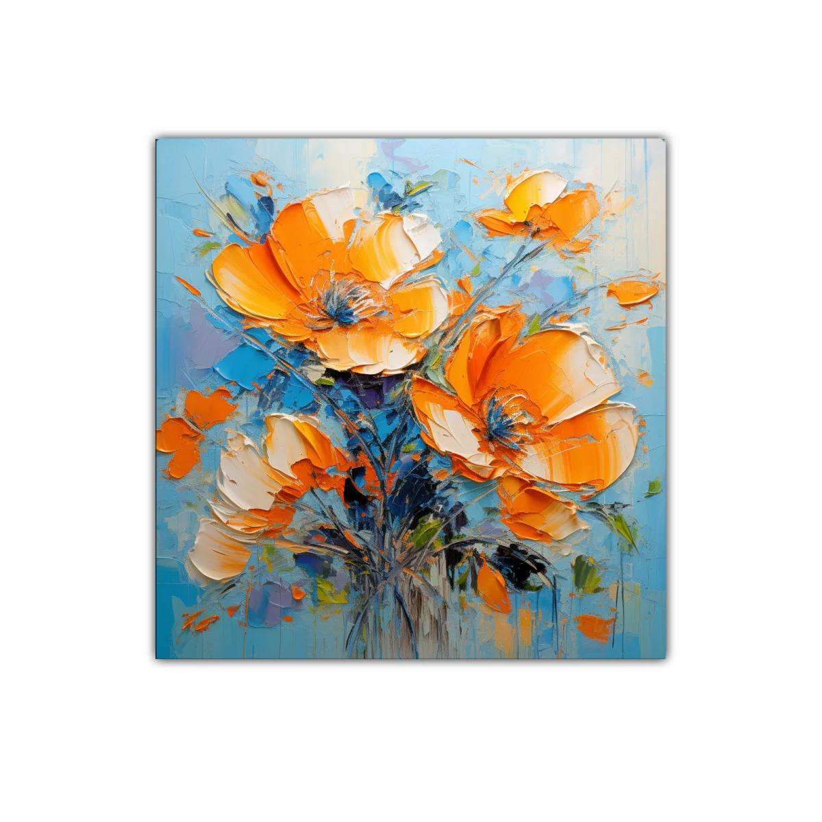 Impresionante cuadro de flores en tonos naranja y azul