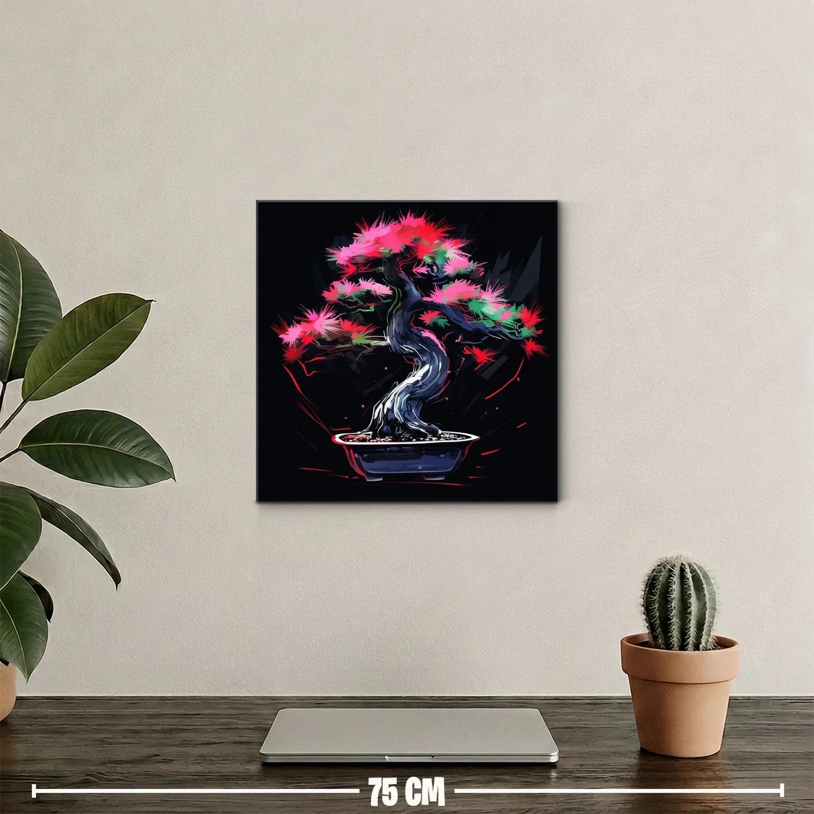Árbol bonsái con flores vibrantes en fondo oscuro — miniatura 2