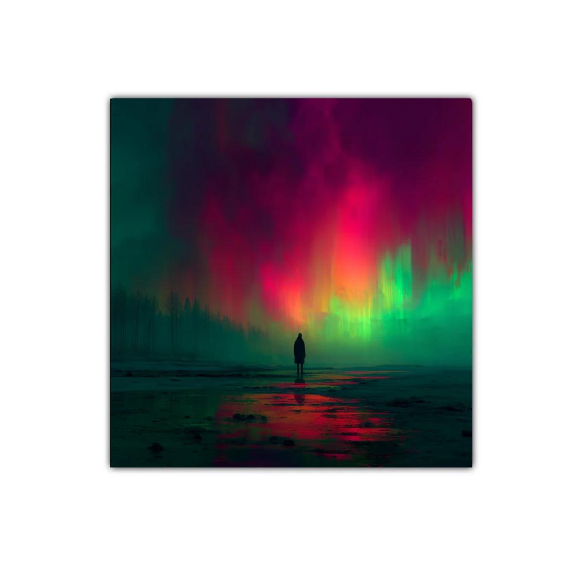 Paisaje nocturno con luces vibrantes y figura solitaria — imagen principal