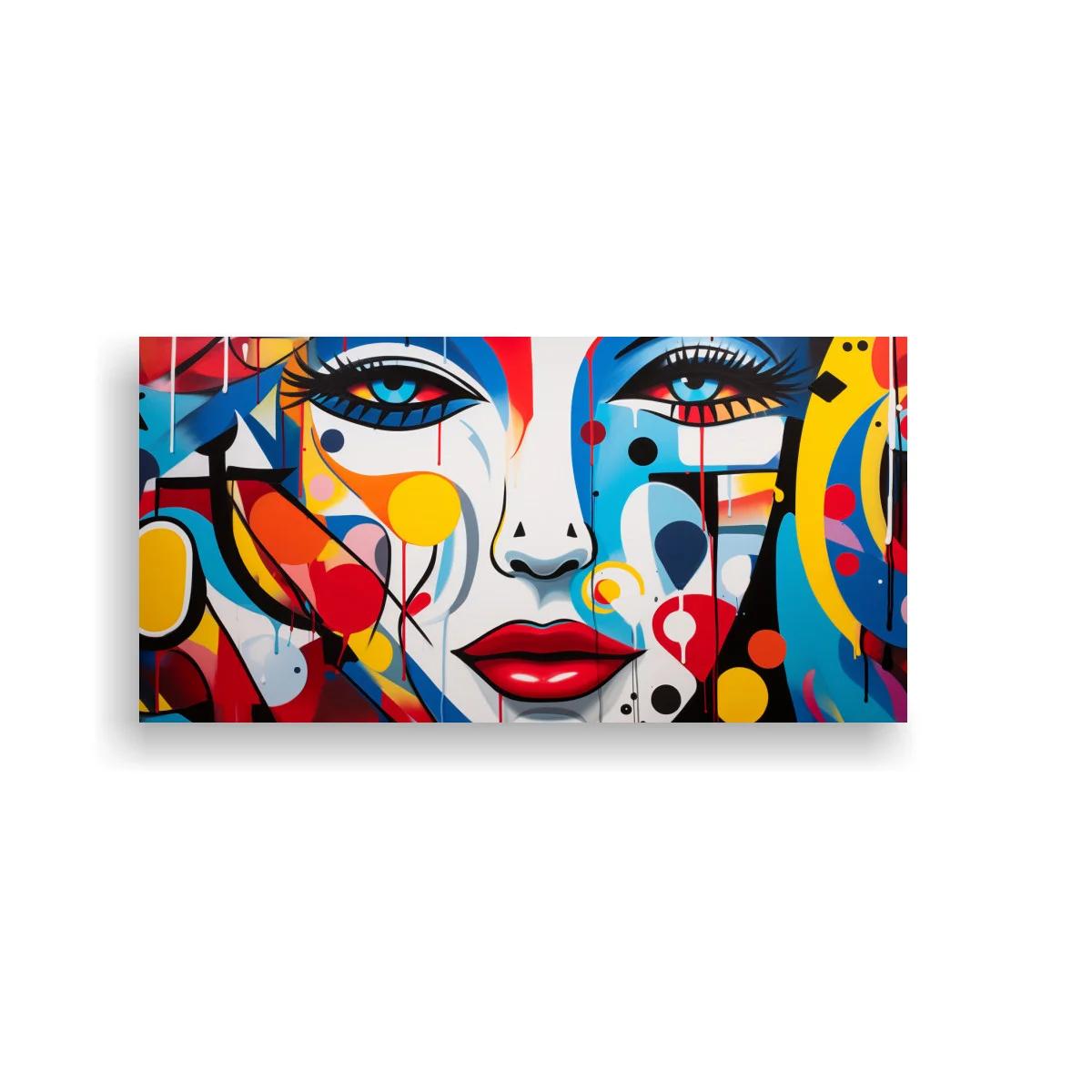 Cuadro rostro femenino con ojos azules y formas abstractas coloridas