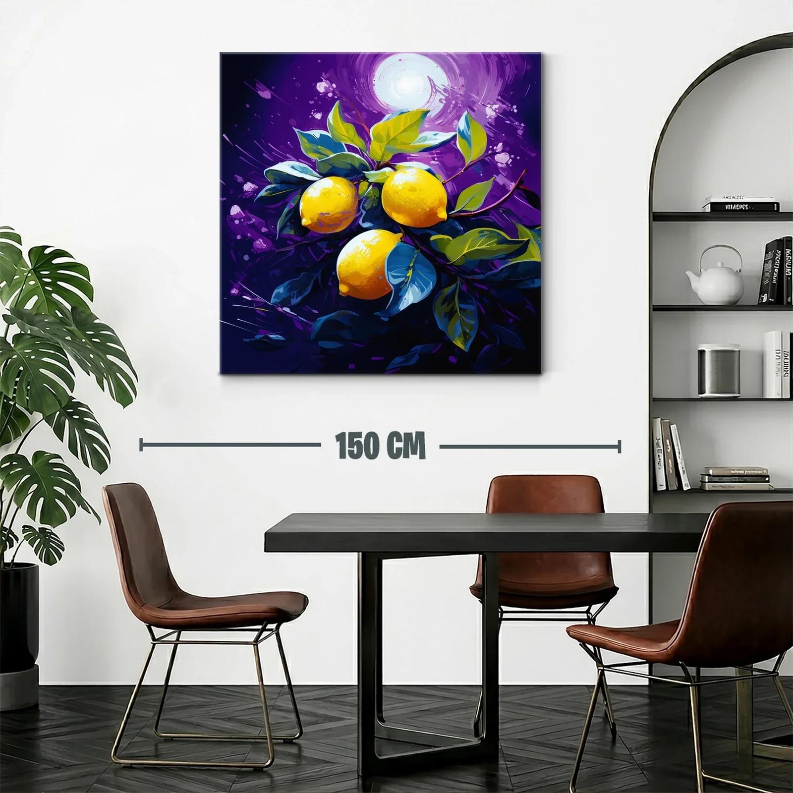 Cuadro vibrante con limones y hojas sobre fondo púrpura — miniatura 2