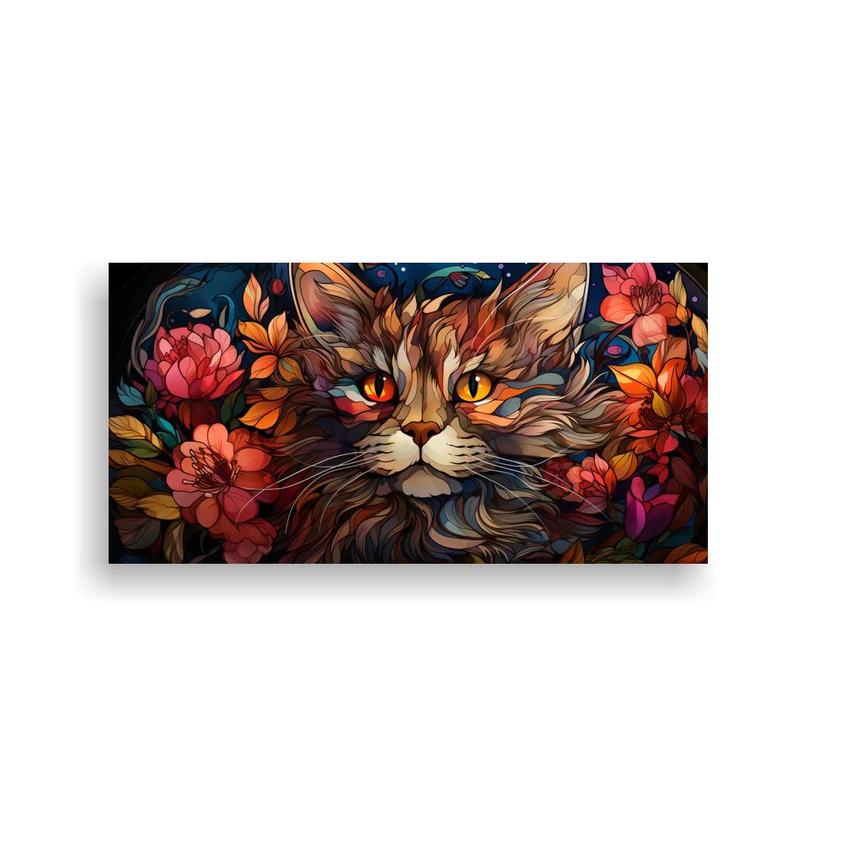 Cuadro gato de pelo largo con flores coral y hojas oscuras