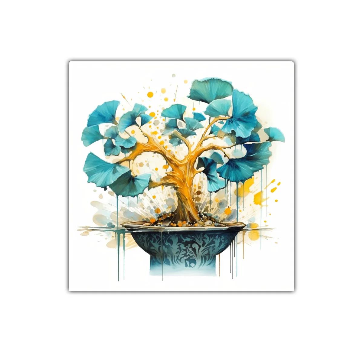 Árbol de Ginkgo en tonos dorados y azules vibrantes