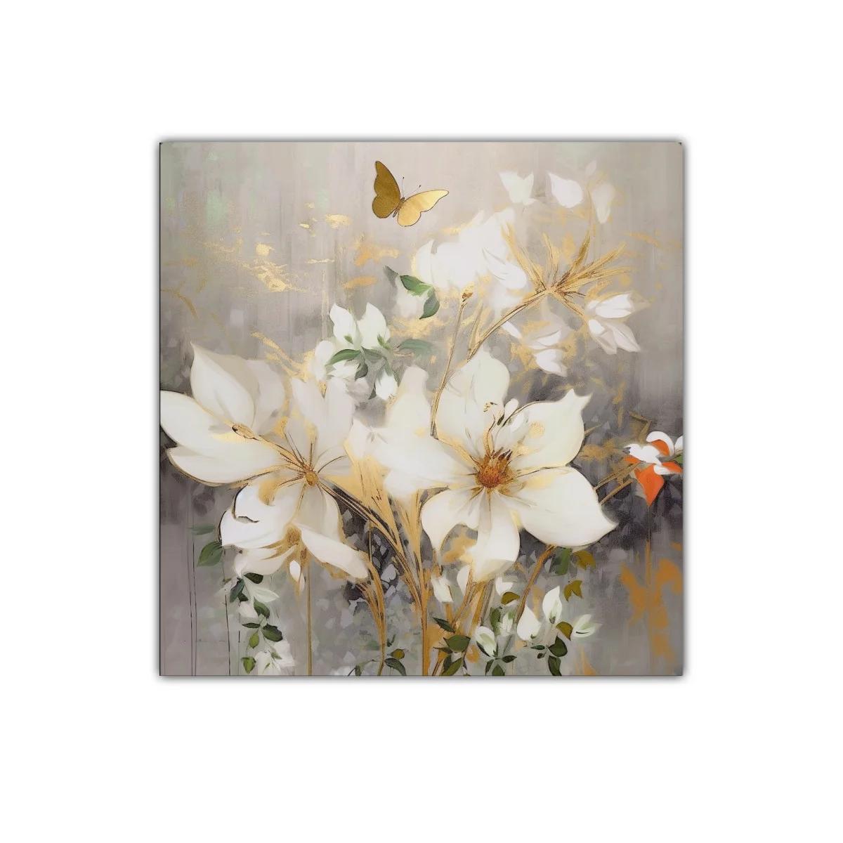 Cuadro decorativo con flores blancas y mariposa dorada en fondo gris