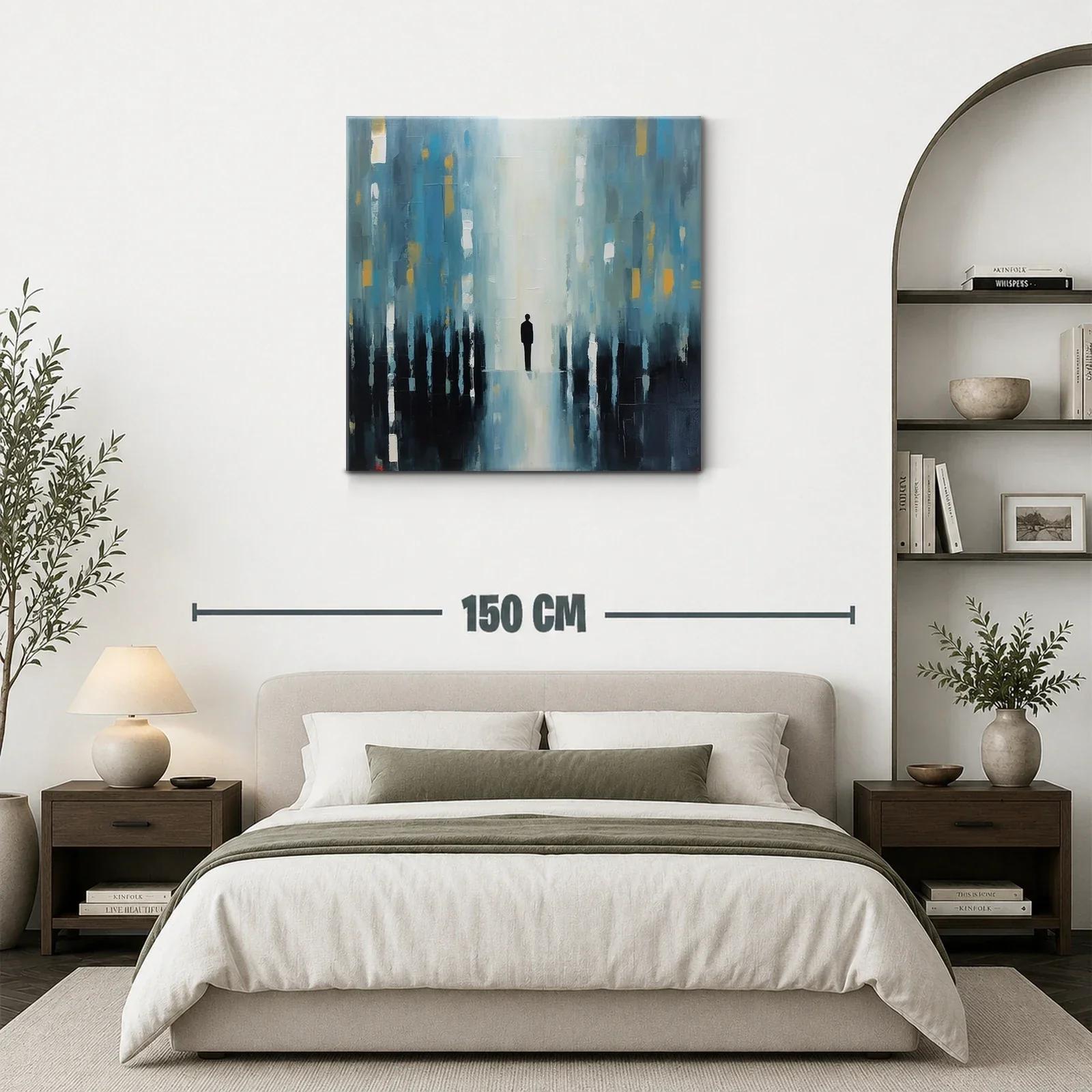 Cuadro abstracto figura solitaria en tonos azules y dorados — miniatura 3