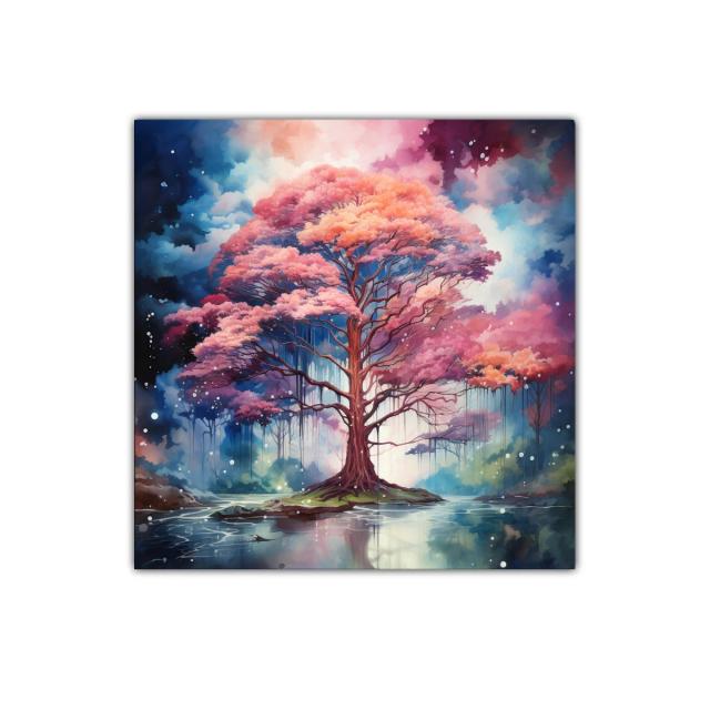 Árbol mágico entre reflejos y nubes de color
