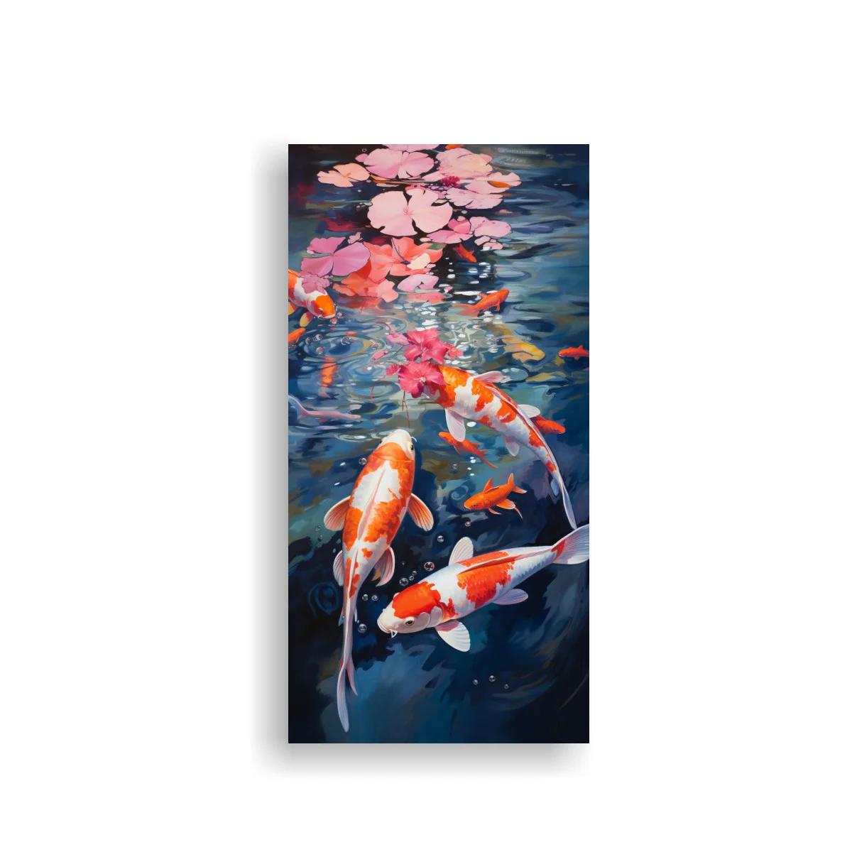 Cuadro peces koi con flores rosadas flotantes — imagen principal