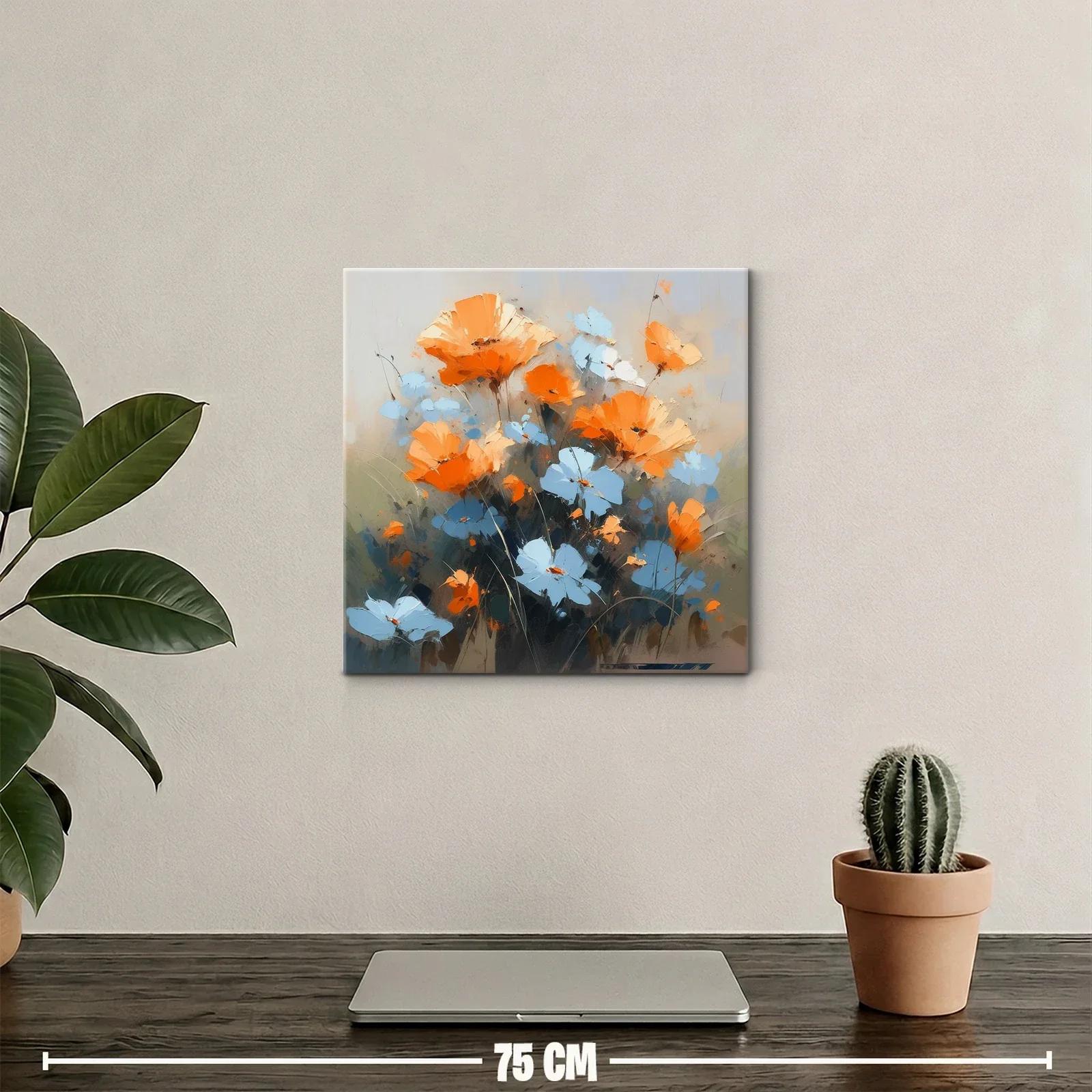 Cuadro moderno con flores naranjas y azules vibrantes — miniatura 2
