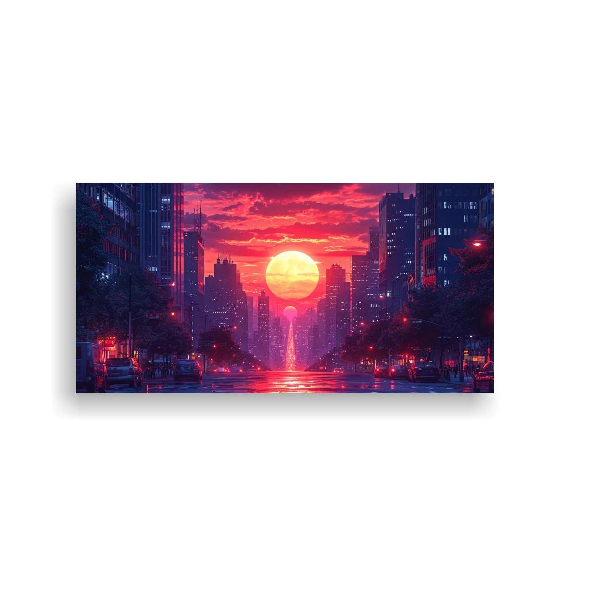 Cuadro sol gigante sobre avenida urbana — imagen principal