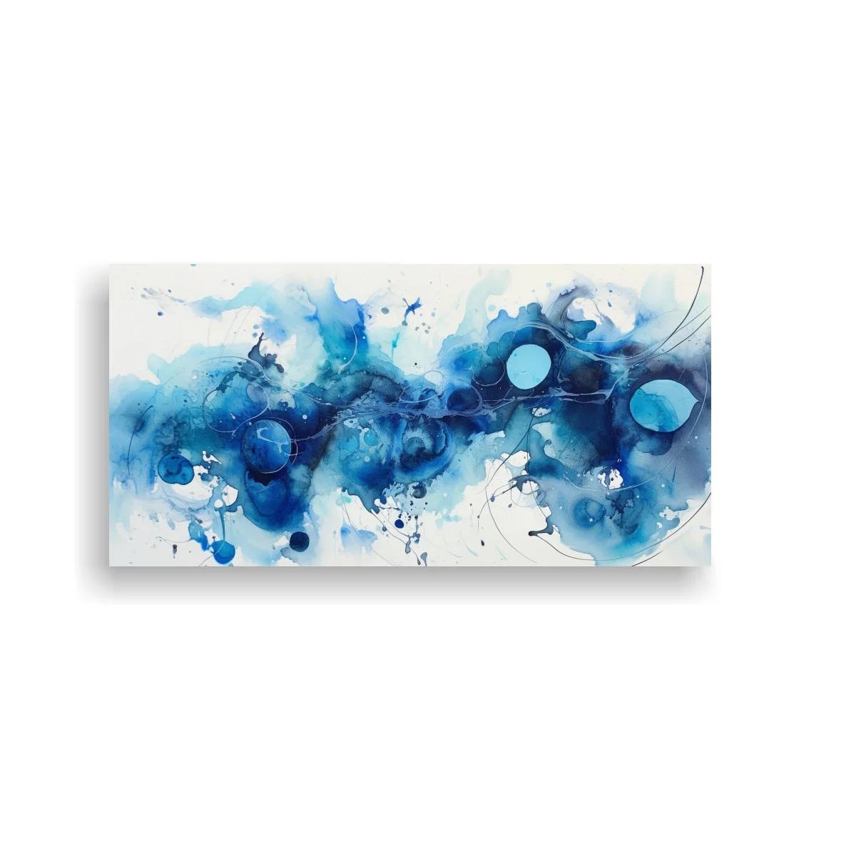 Cuadro abstracto azul con círculos y trazos fluidos