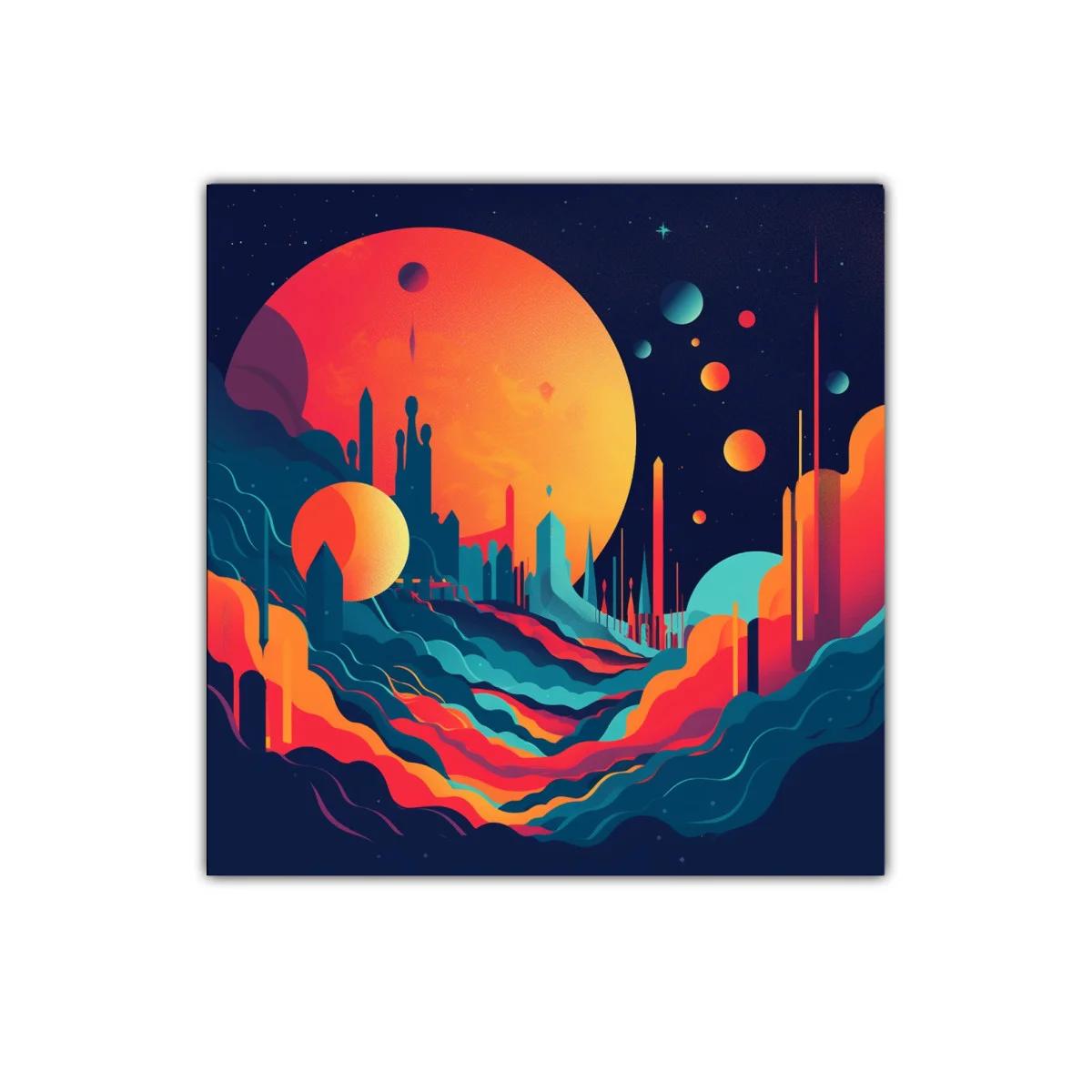Paisaje futurista de planetas y formas geométricas coloridas