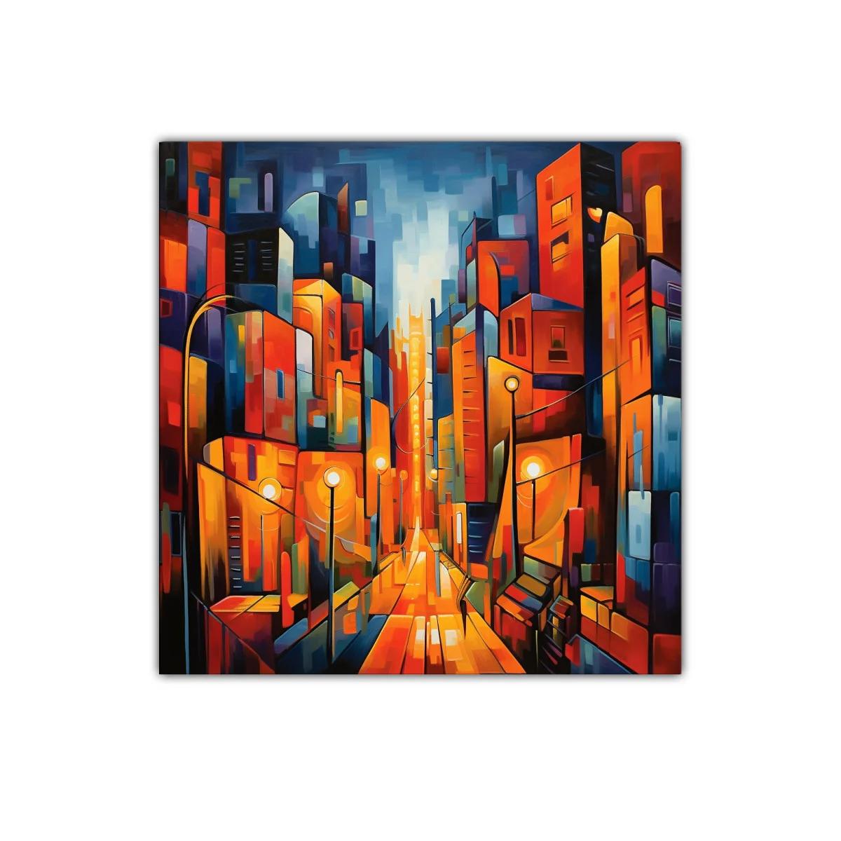 Cuadro vibrante de ciudad iluminada al atardecer