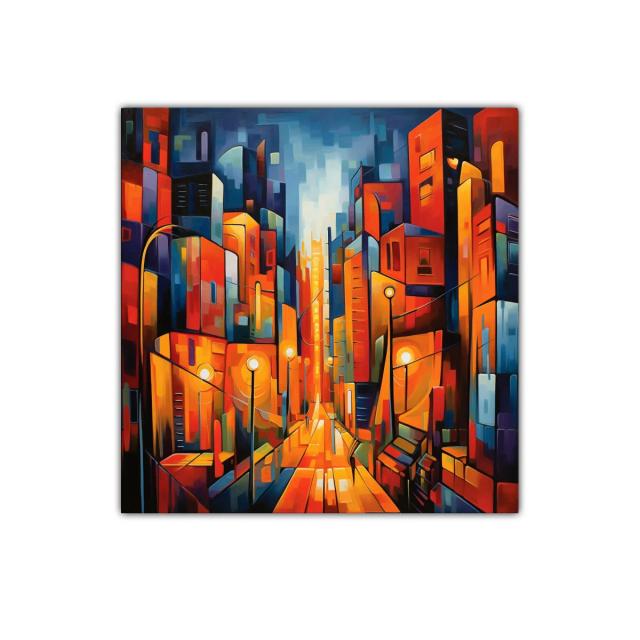 Cuadro vibrante de ciudad iluminada al atardecer