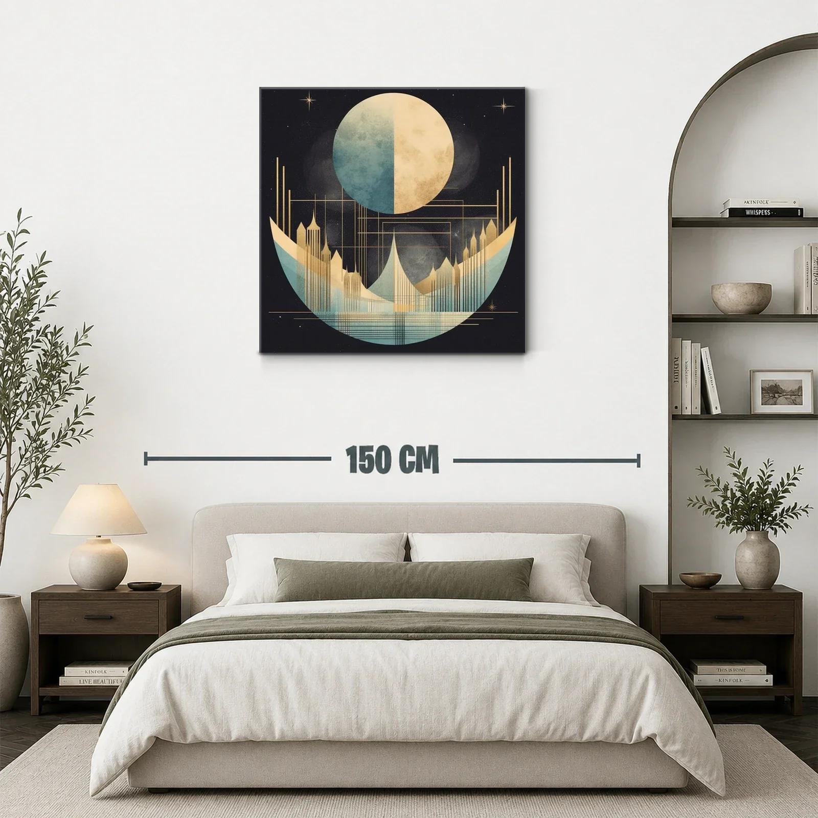 Cuadro abstracto con luna y ciudad futurista en tonos dorados — miniatura 3
