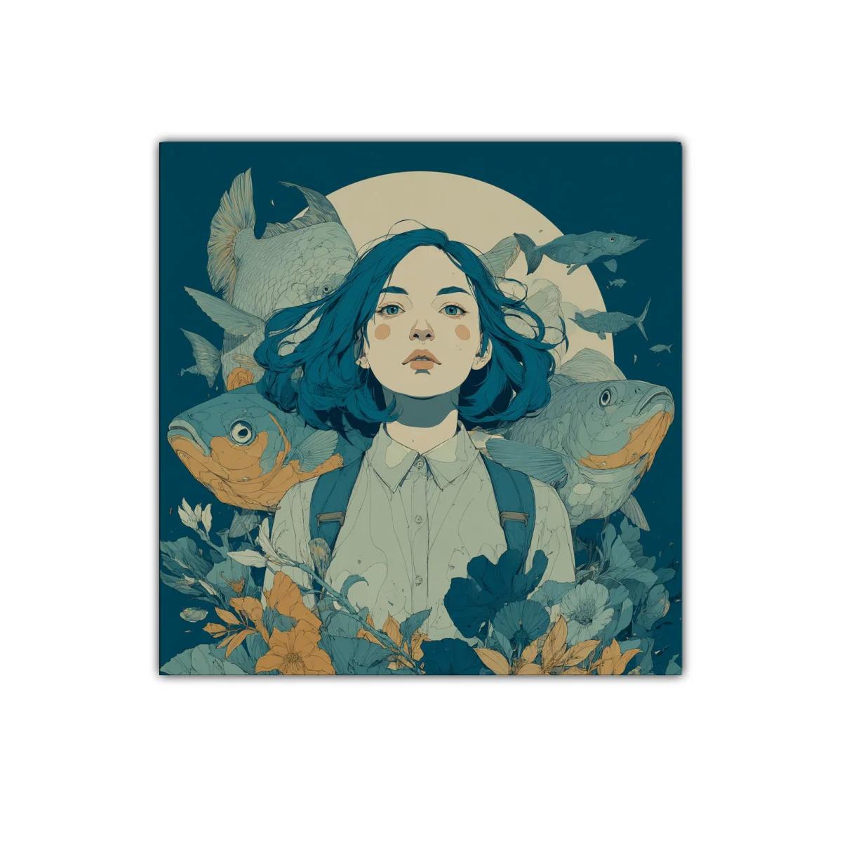 Retrato femenino con peces y flores en tonos azulados — imagen principal
