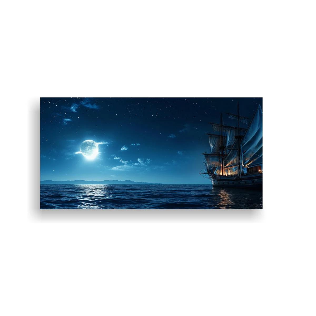 Cuadro velero antiguo con reflejo plateado nocturno