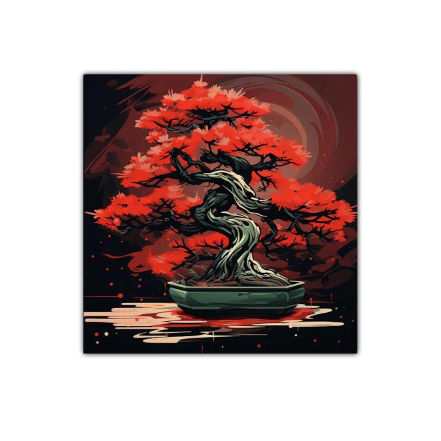 Bonsái rojo vibrante con tronco retorcido sobre fondo oscuro