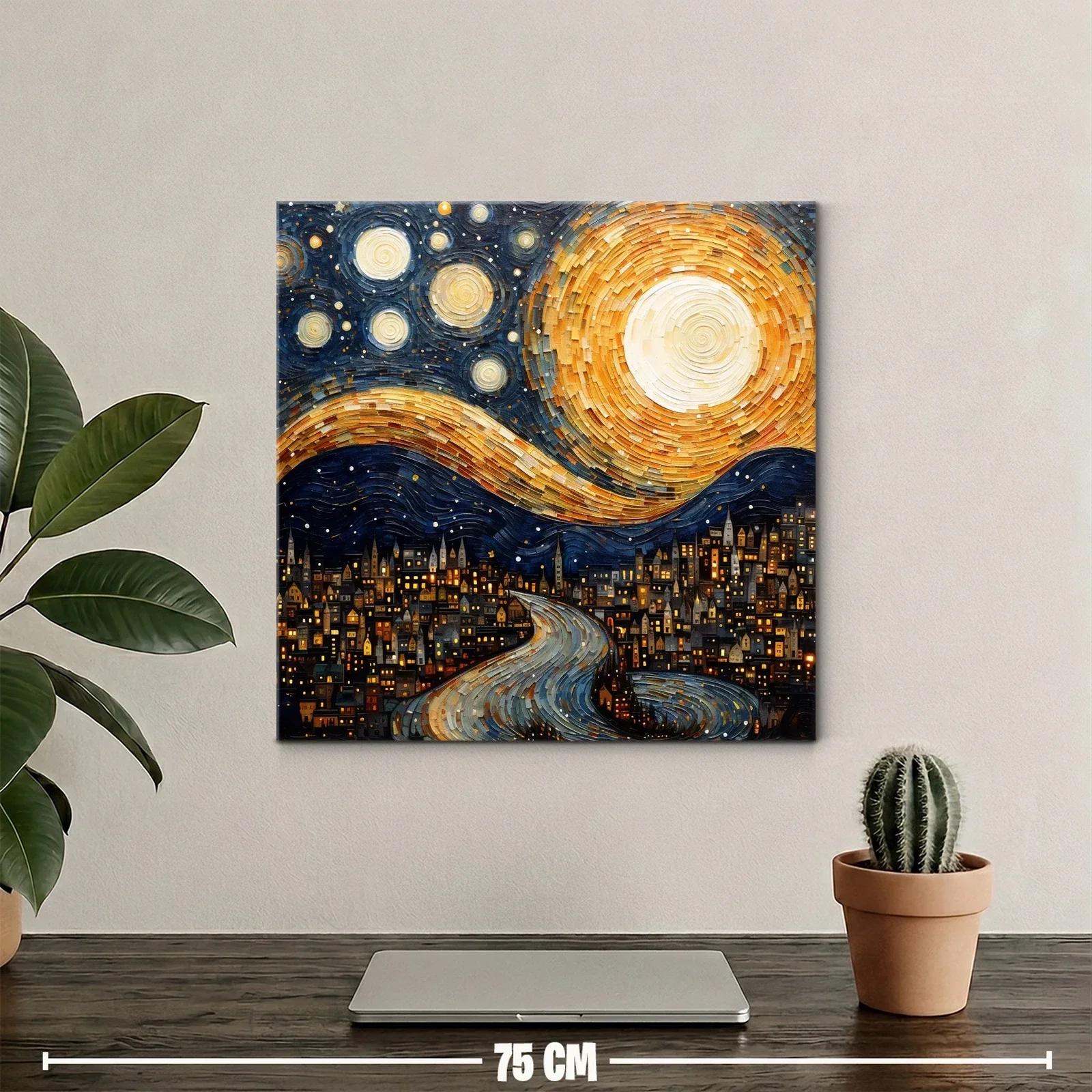 Paisaje nocturno con luna y estrellas sobre ciudad iluminada — miniatura 2