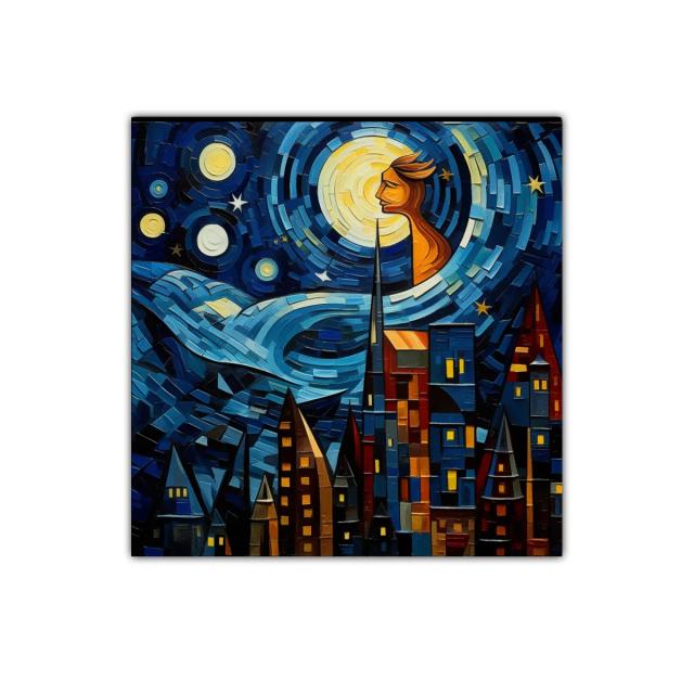 Paisaje urbano bajo un cielo estrellado con figura luminosa