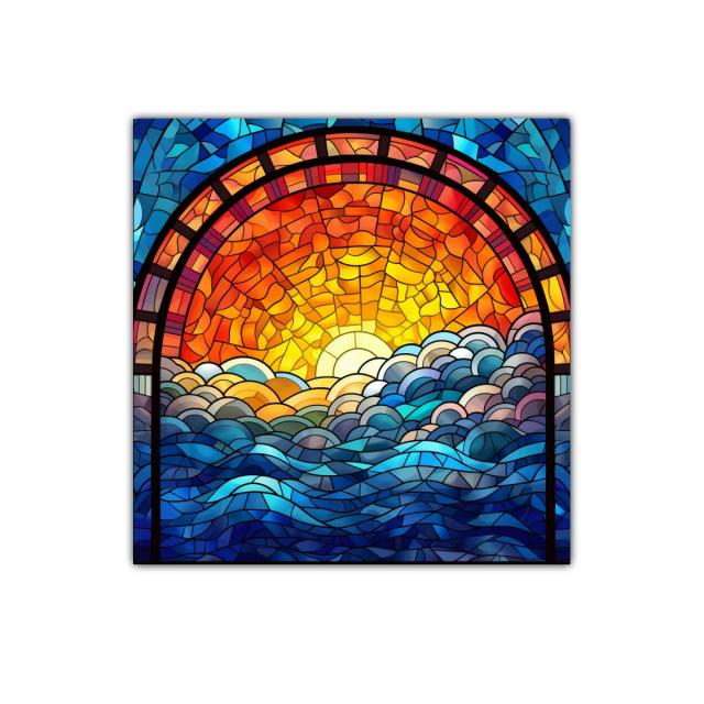 Cuadro decorativo con ventana al amanecer colorido y vibrante