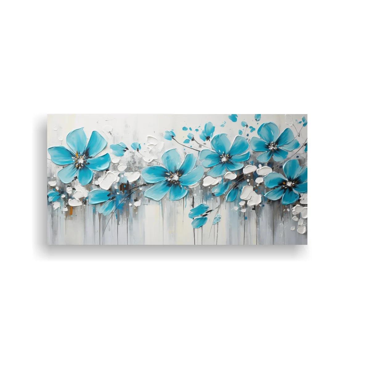 Cuadro flores azules con goteos y capas superpuestas