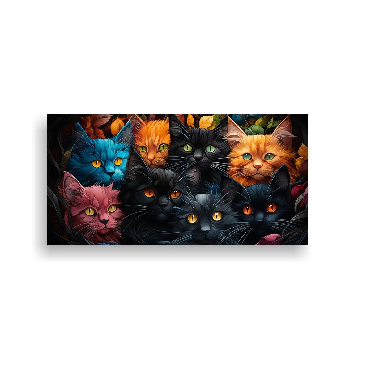 Cuadro grupo de gatos de colores entre follaje