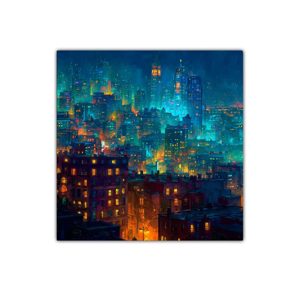 Paisaje urbano nocturno con luces vibrantes y arquitectura detallada