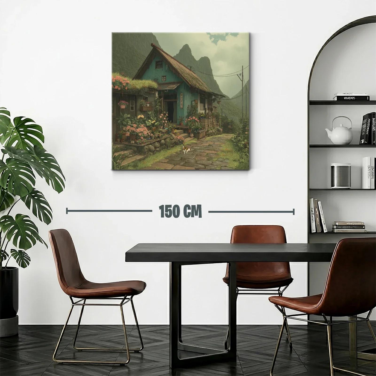 Paisaje rural con casa y jardín florido bajo lluvia suave — miniatura 2