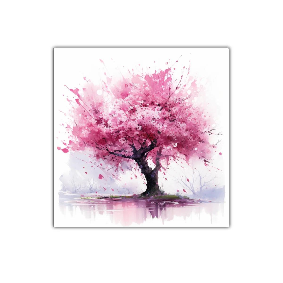 Árbol en flor rosa con reflejo sobre agua calma