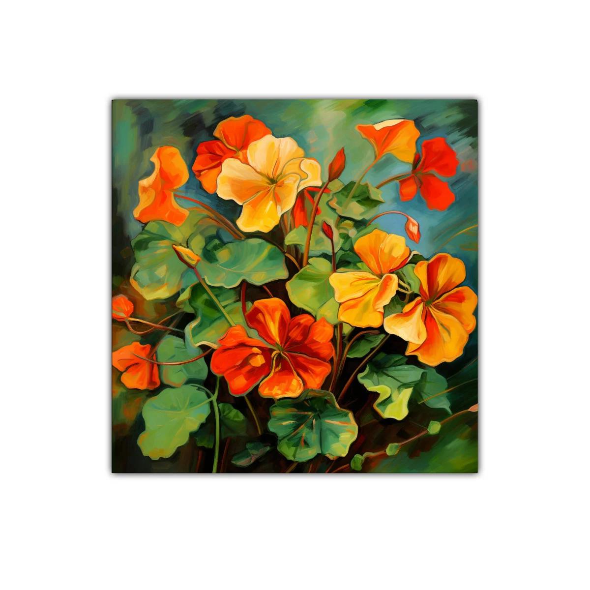 Cuadro vibrante con flores en tonos cálidos y verdes — imagen principal