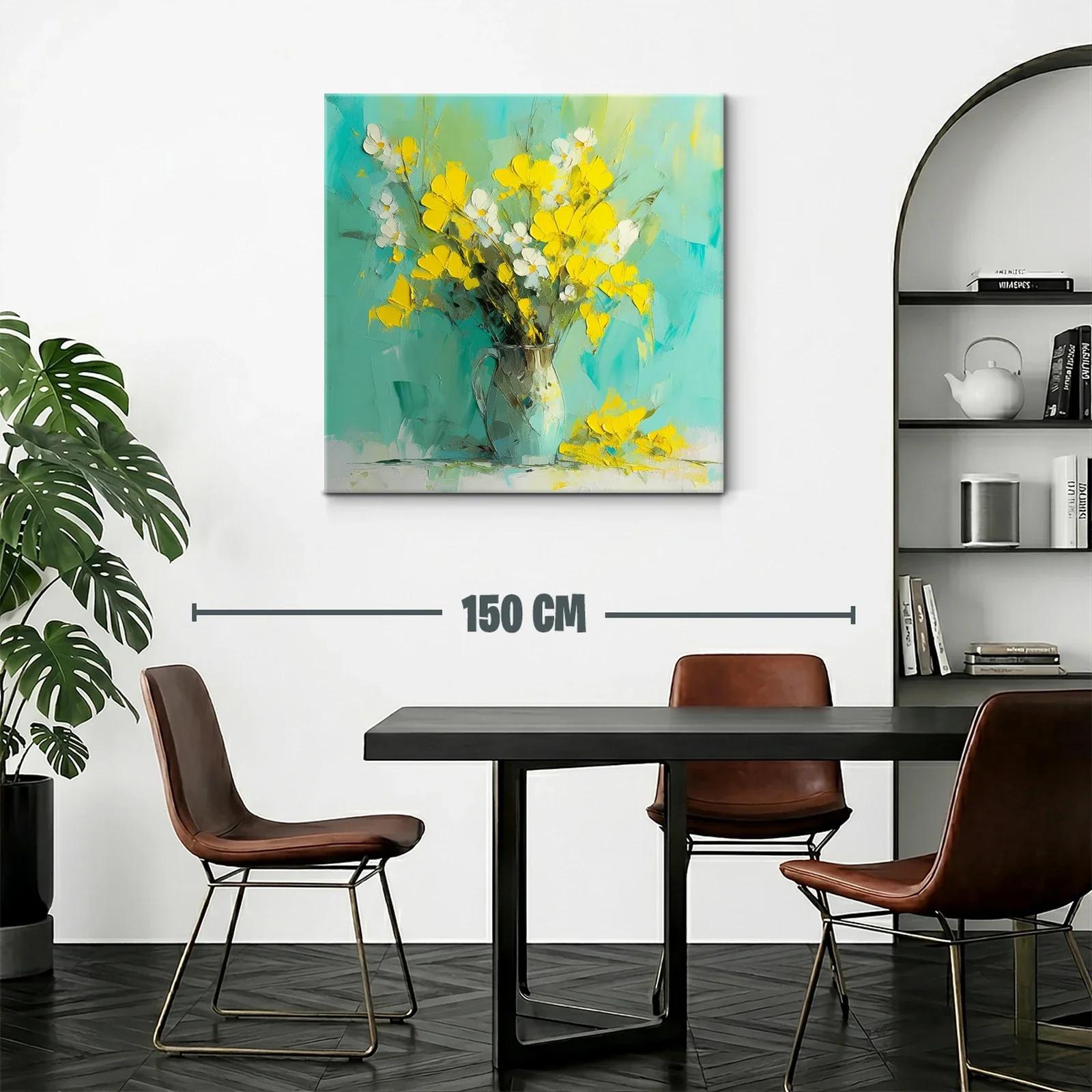 Cuadro flores amarillas sobre fondo turquesa vibrante — miniatura 2