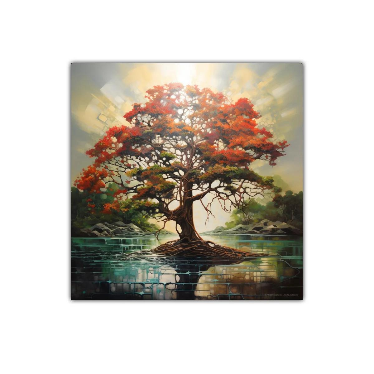 Árbol vibrante con raíces sobre lago sereno — imagen principal