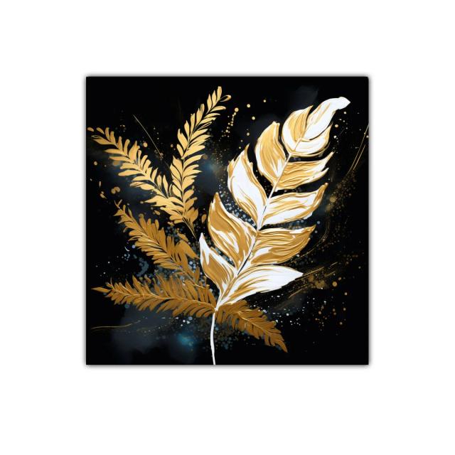 Cuadro decorativo hojas doradas sobre fondo negro elegante