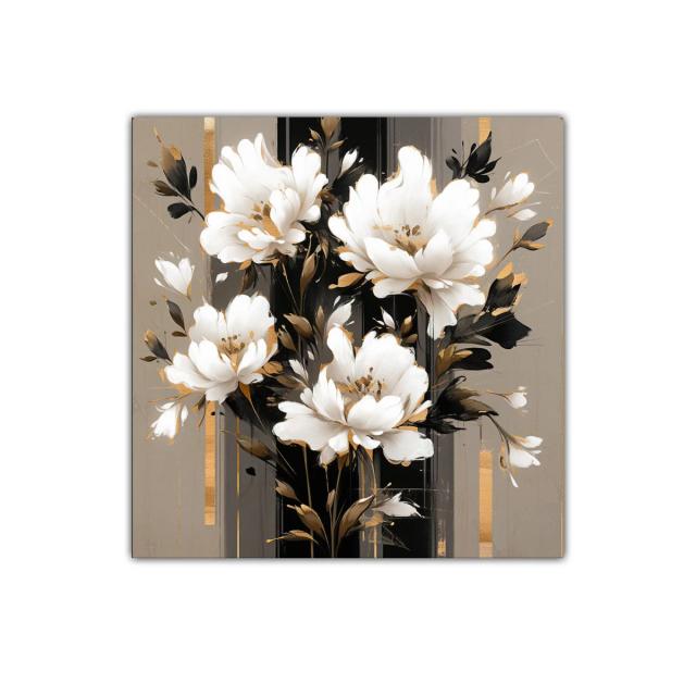 Cuadro decorativo con flores blancas en tonos dorados y negros