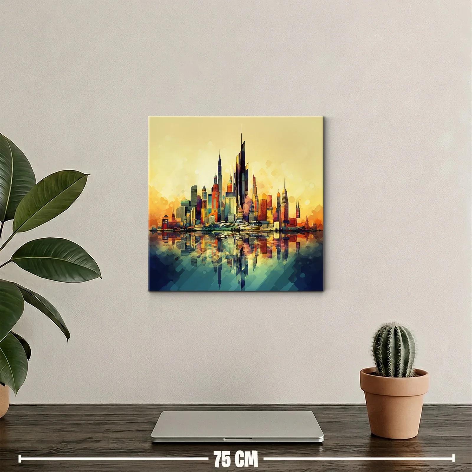 Vibrante ciudad futurista con reflejos al atardecer — miniatura 2