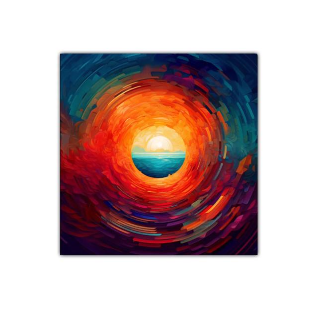 Círculo de fuego con horizonte y mar en tonos vibrantes