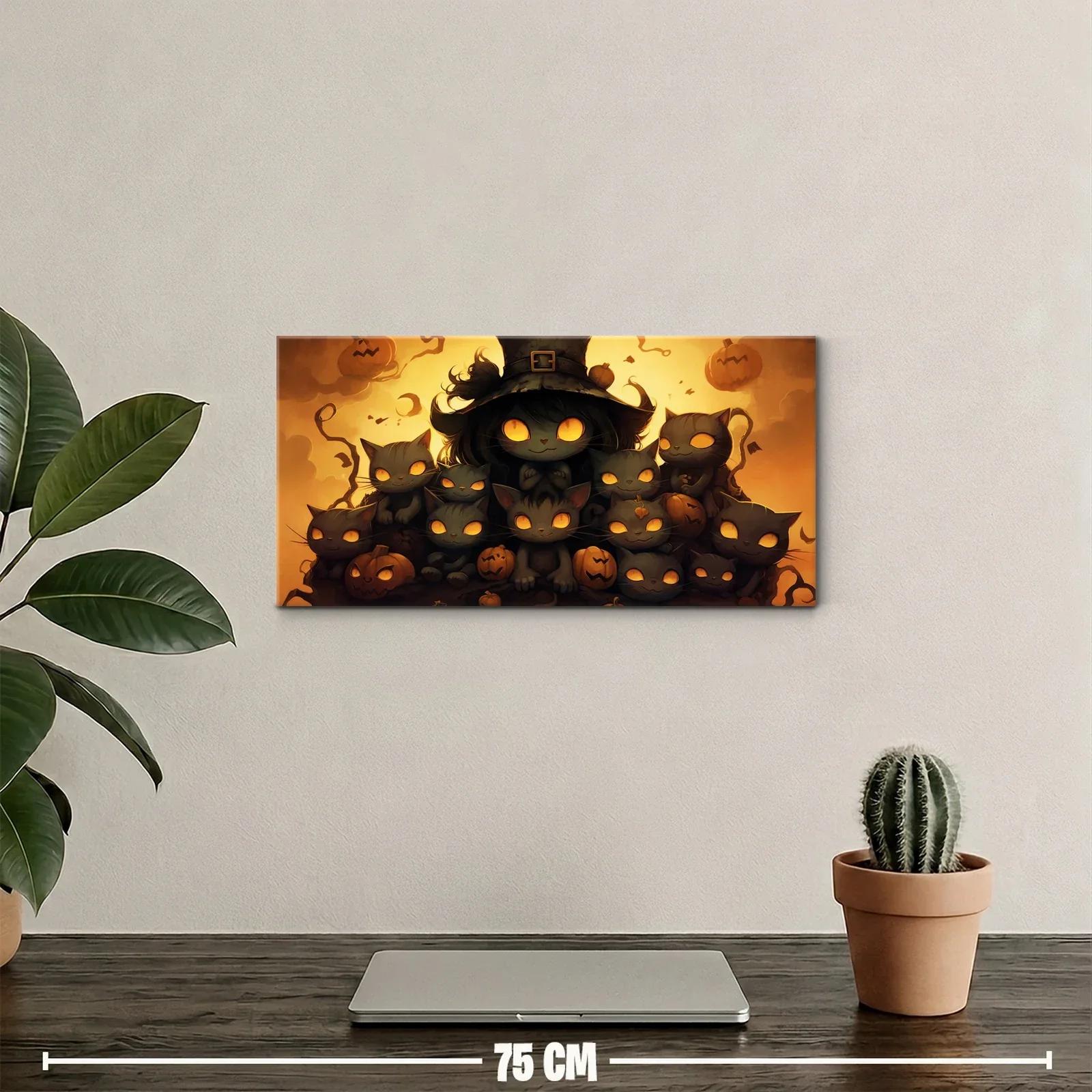 Cuadro grupo de gatos negros de Halloween con calabazas — miniatura 2