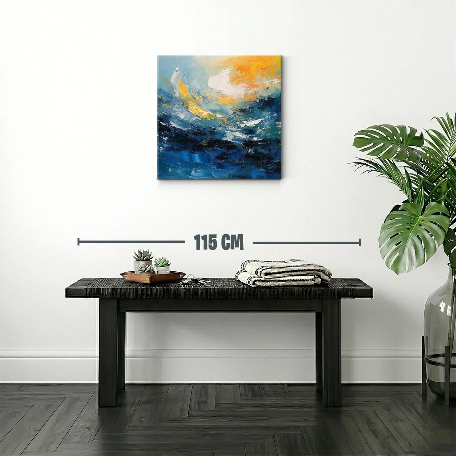 Cuadro abstracto con dinámicas olas y cielo en tonos cálidos — miniatura 2