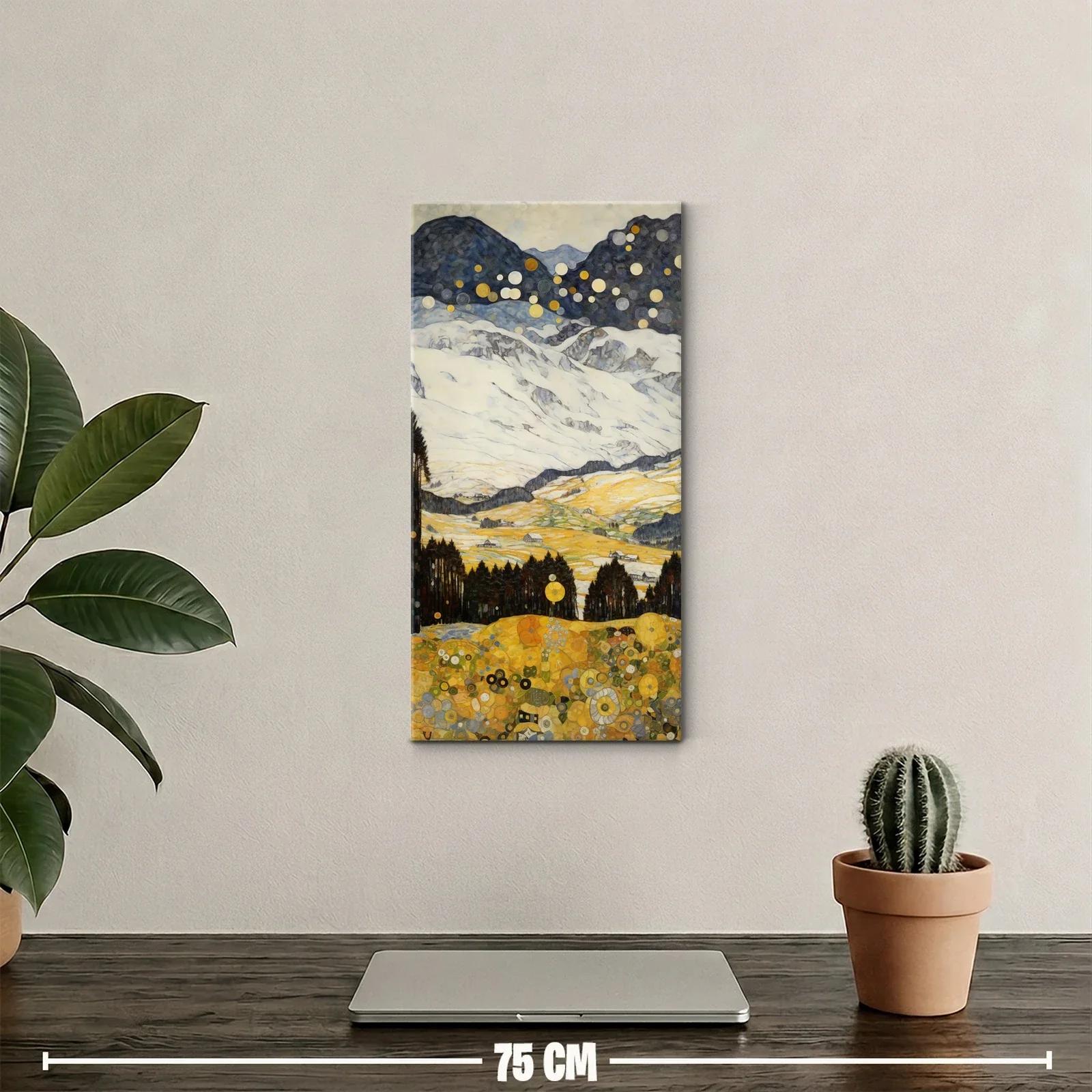 Cuadro paisaje de montaña con valle dorado y flores circulares — miniatura 2