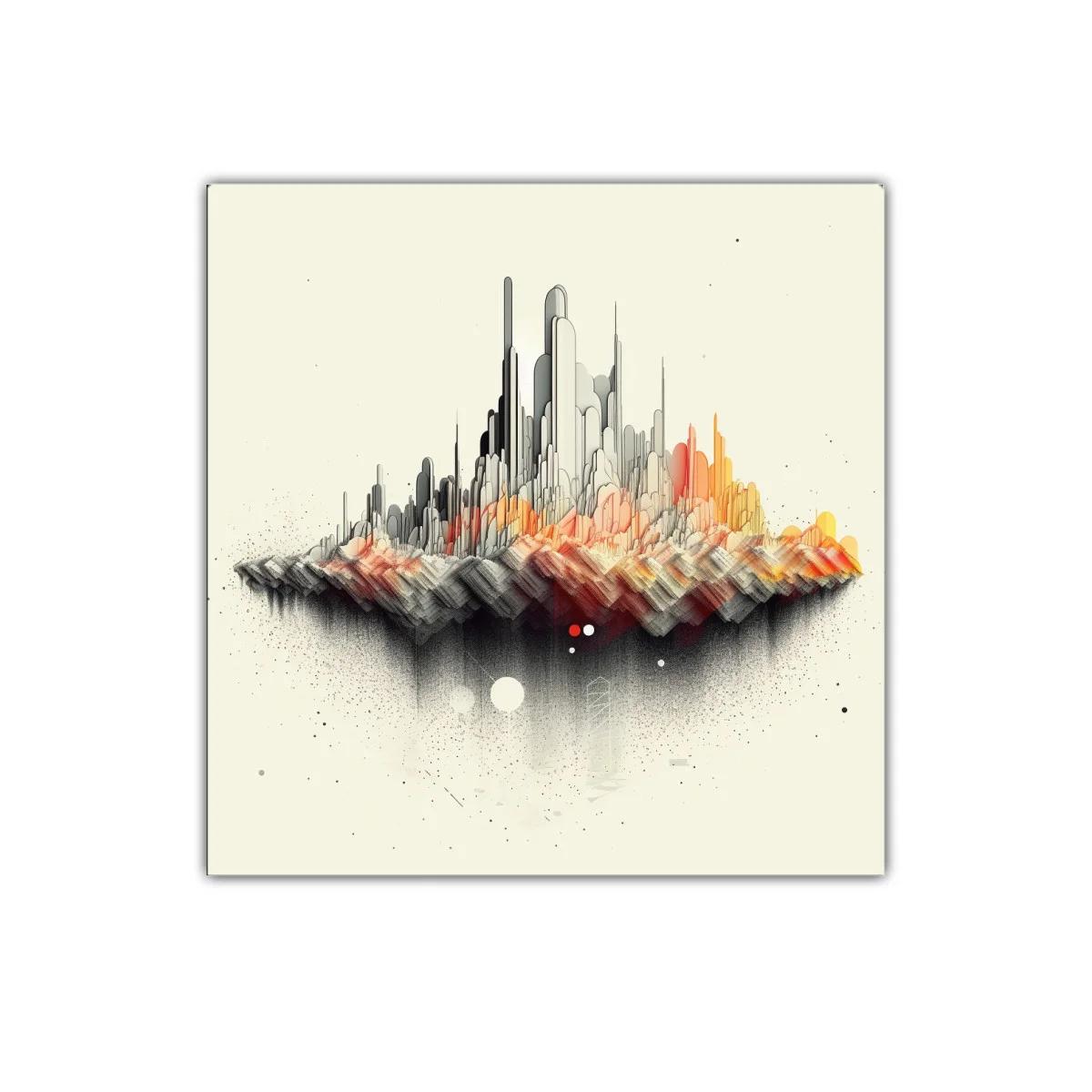 Paisaje abstracto de ciudad flotante con tonos cálidos y grises
