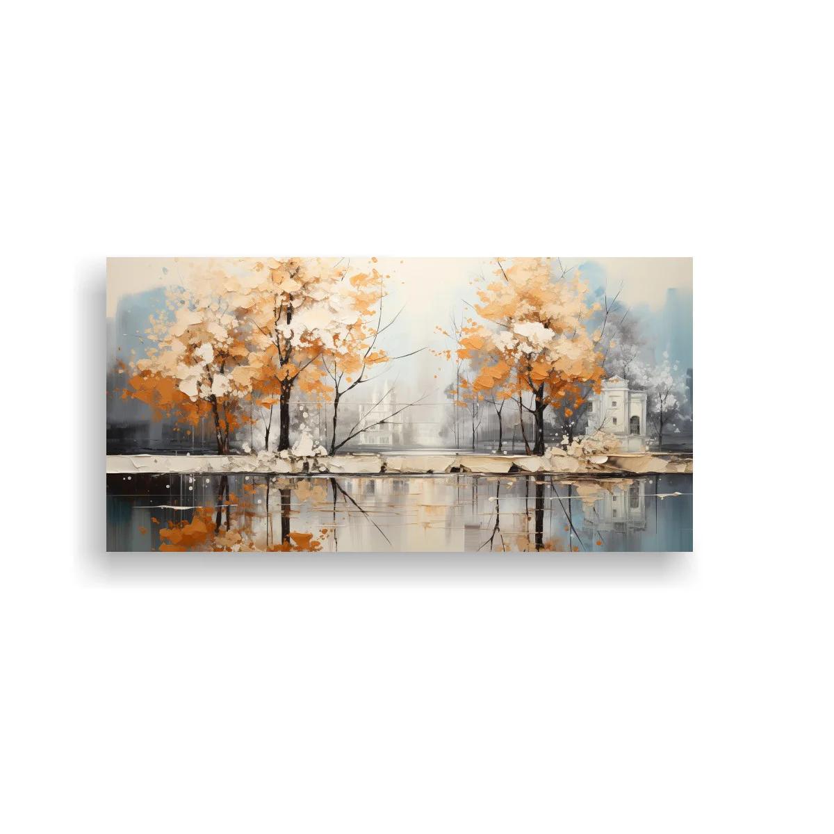 Cuadro paisaje urbano otoñal con reflejos en el agua