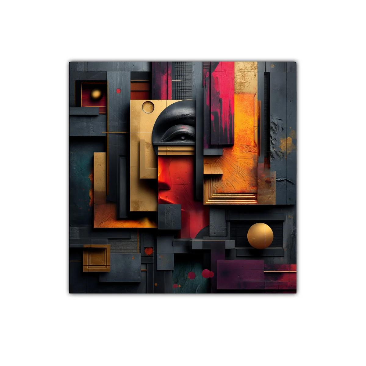 Composición abstracta con rostro y geometría en tonos cálidos — imagen principal