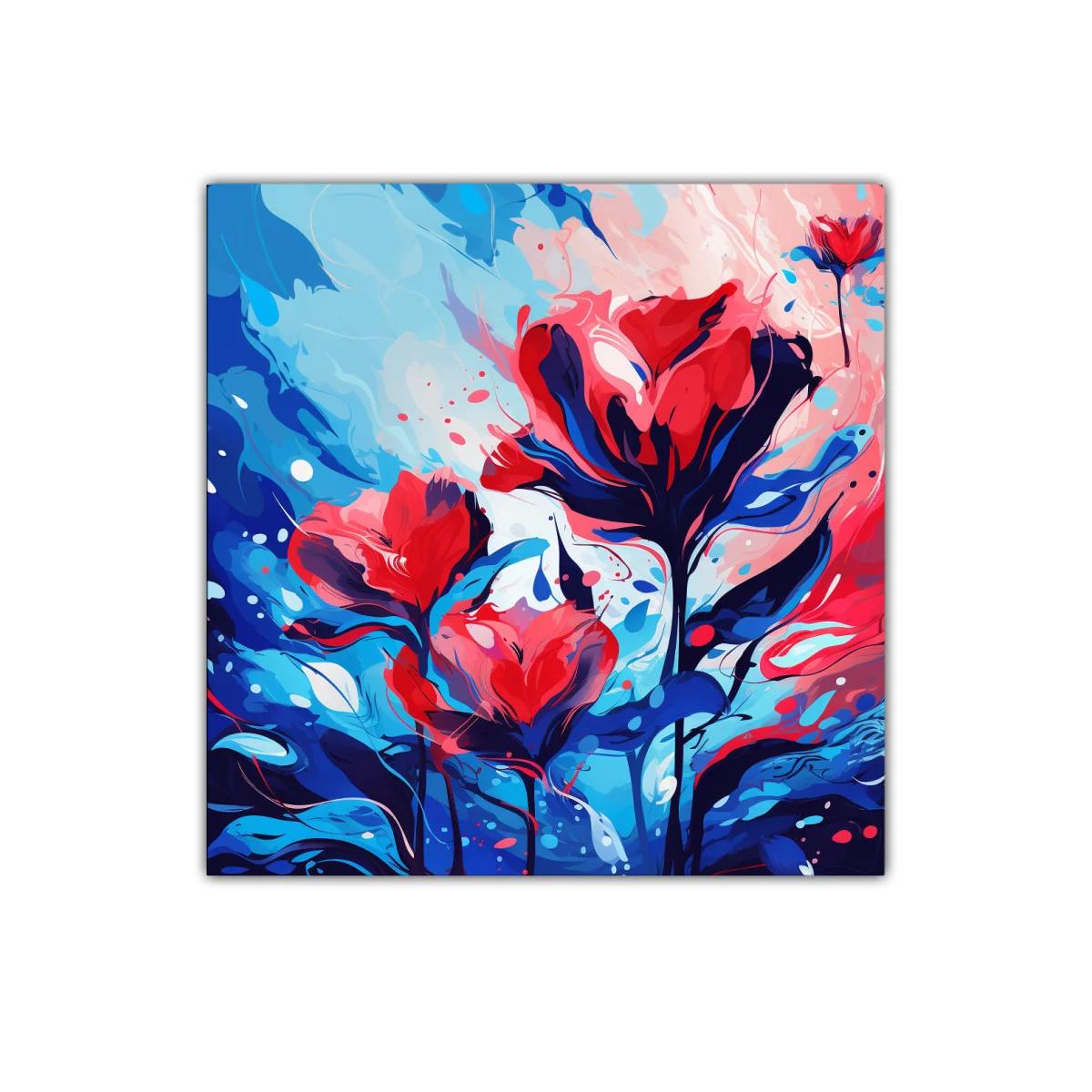 Cuadro vibrante con flores en tonos rojos y azules intensos — imagen principal