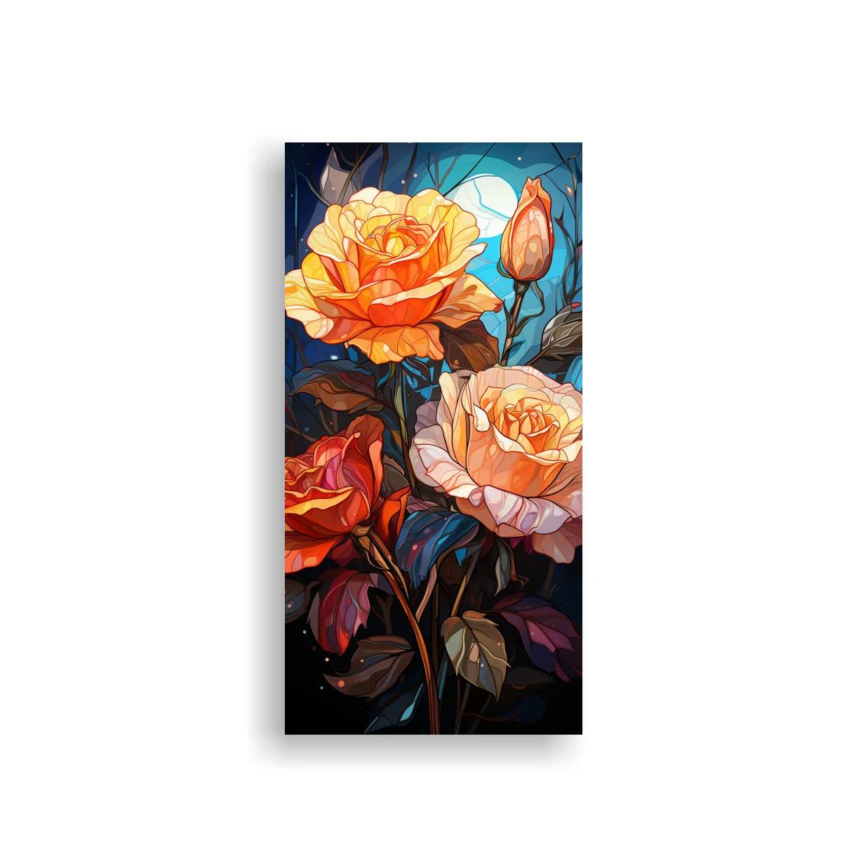 Cuadro rosas anaranjadas con capullo y fondo azul — imagen principal