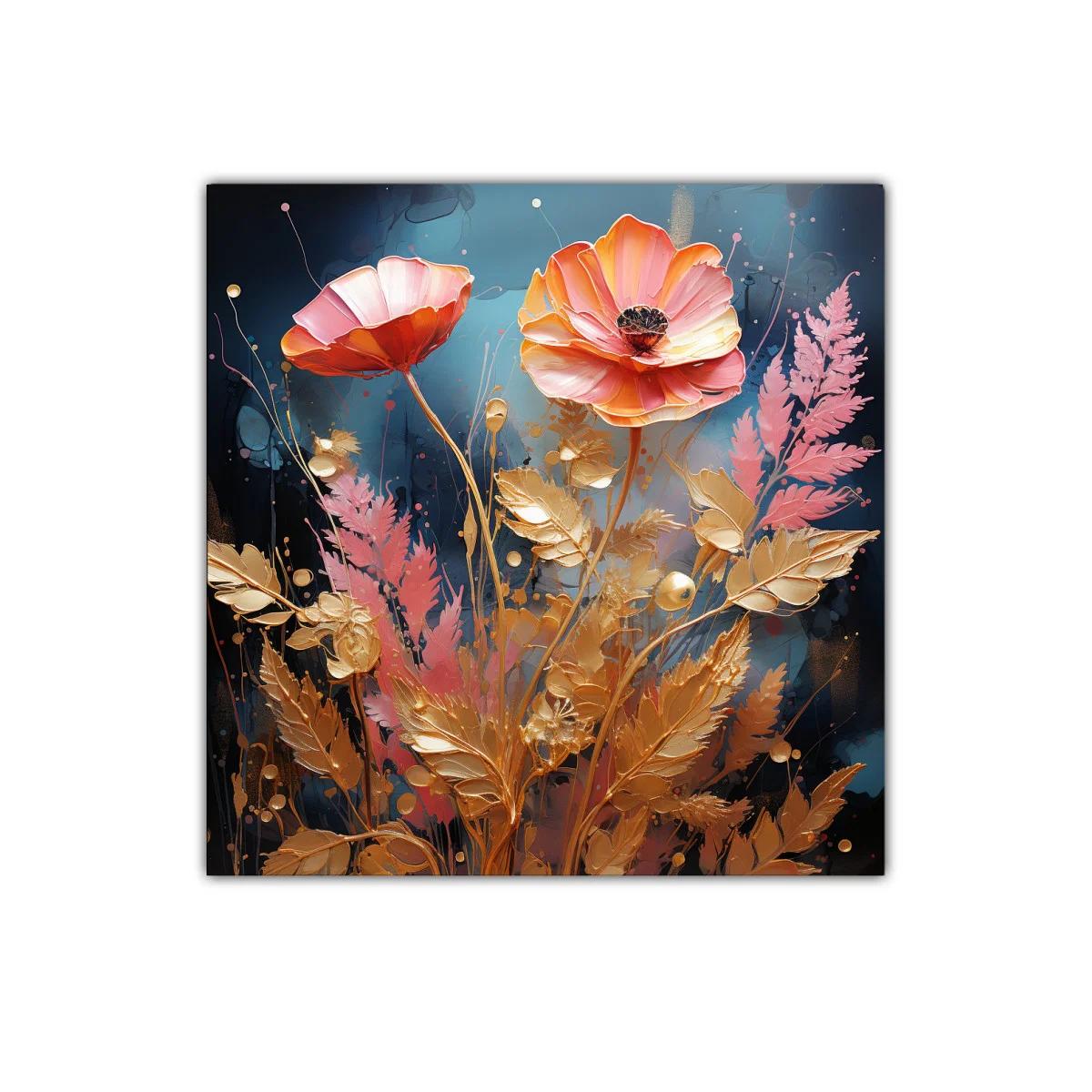 Cuadro floral vibrante con tonos dorados y rosados — imagen principal