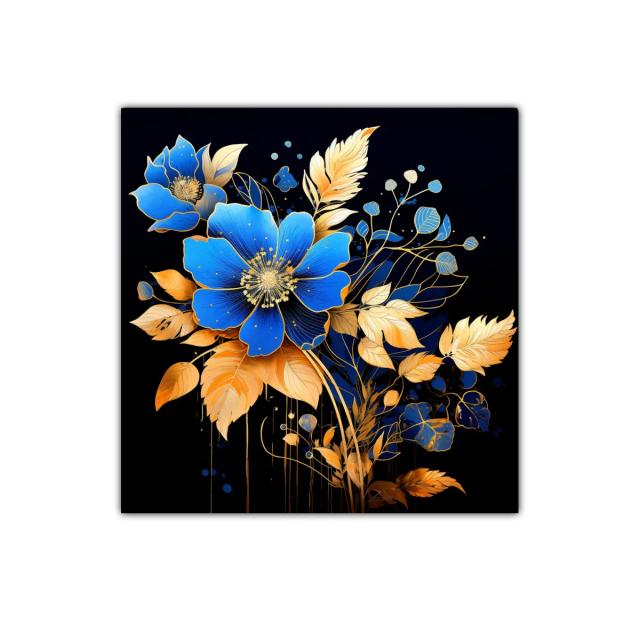 Exuberante ramo floral en tonos dorados y azules vibrantes