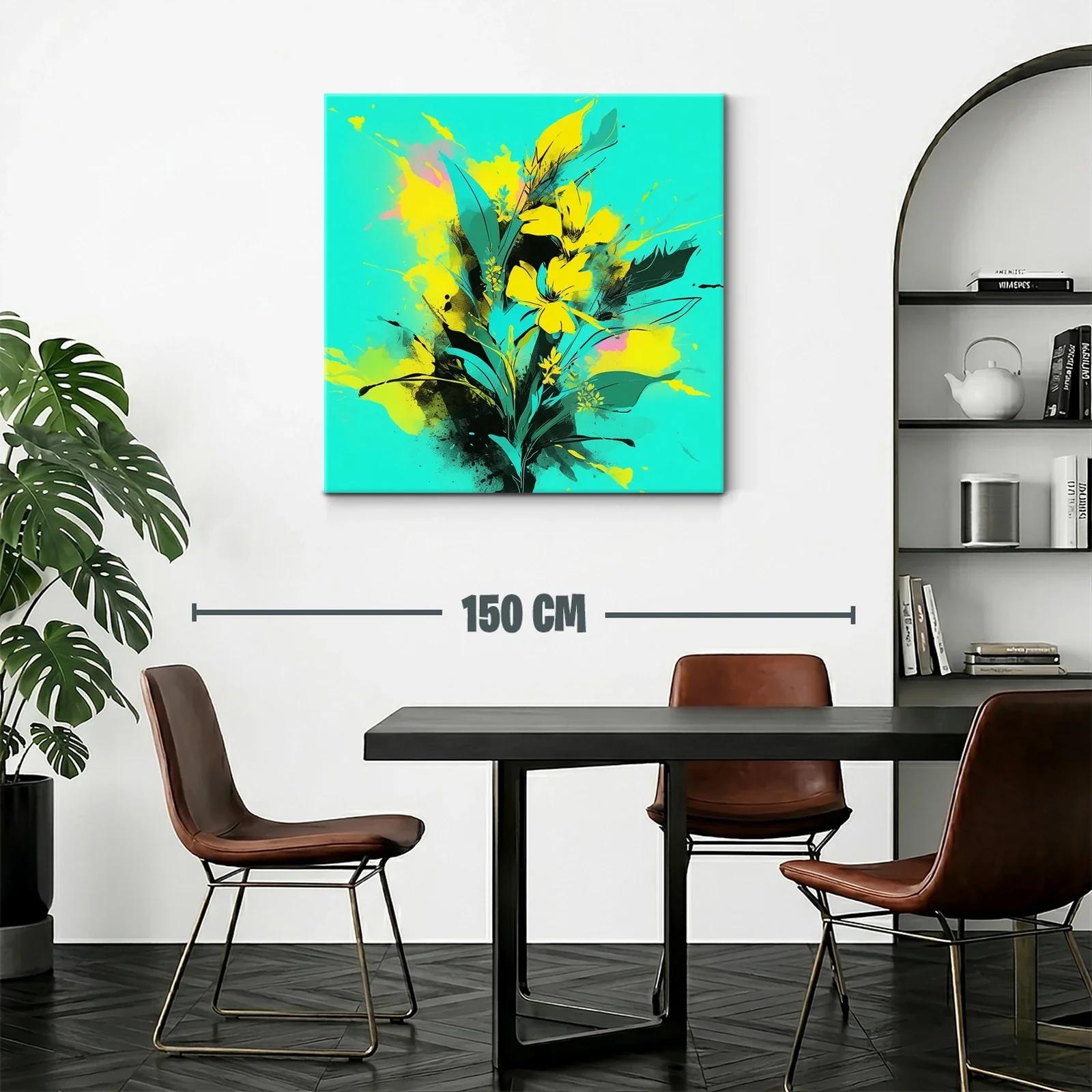 Cuadro moderno con flores amarillas vibrantes y fondo turquesa — miniatura 2